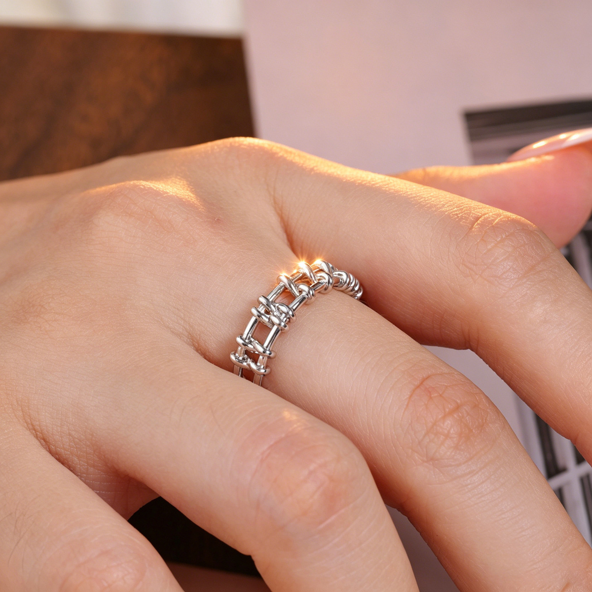 Women's Plated Chain-Link Interlinked Open Ring, Elegant Gift